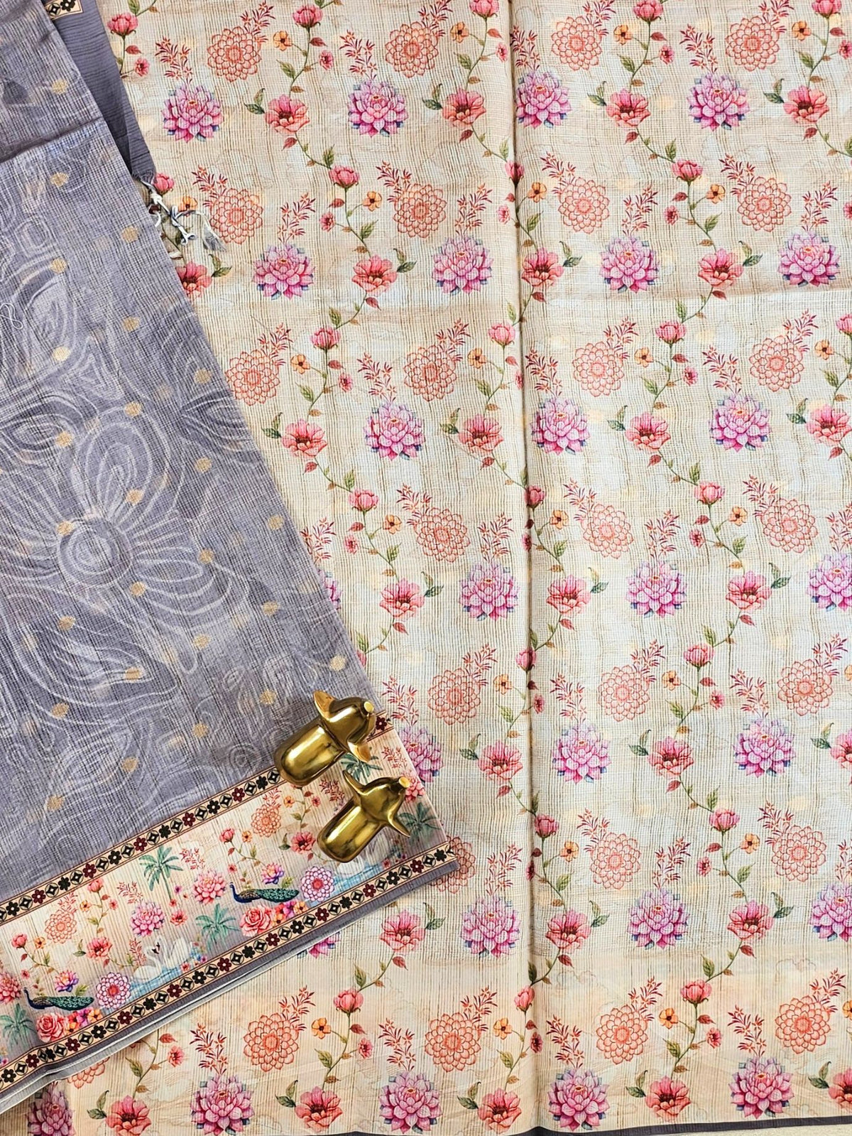 Unique Semi Tussar with Zari Weaving Butti - Grey