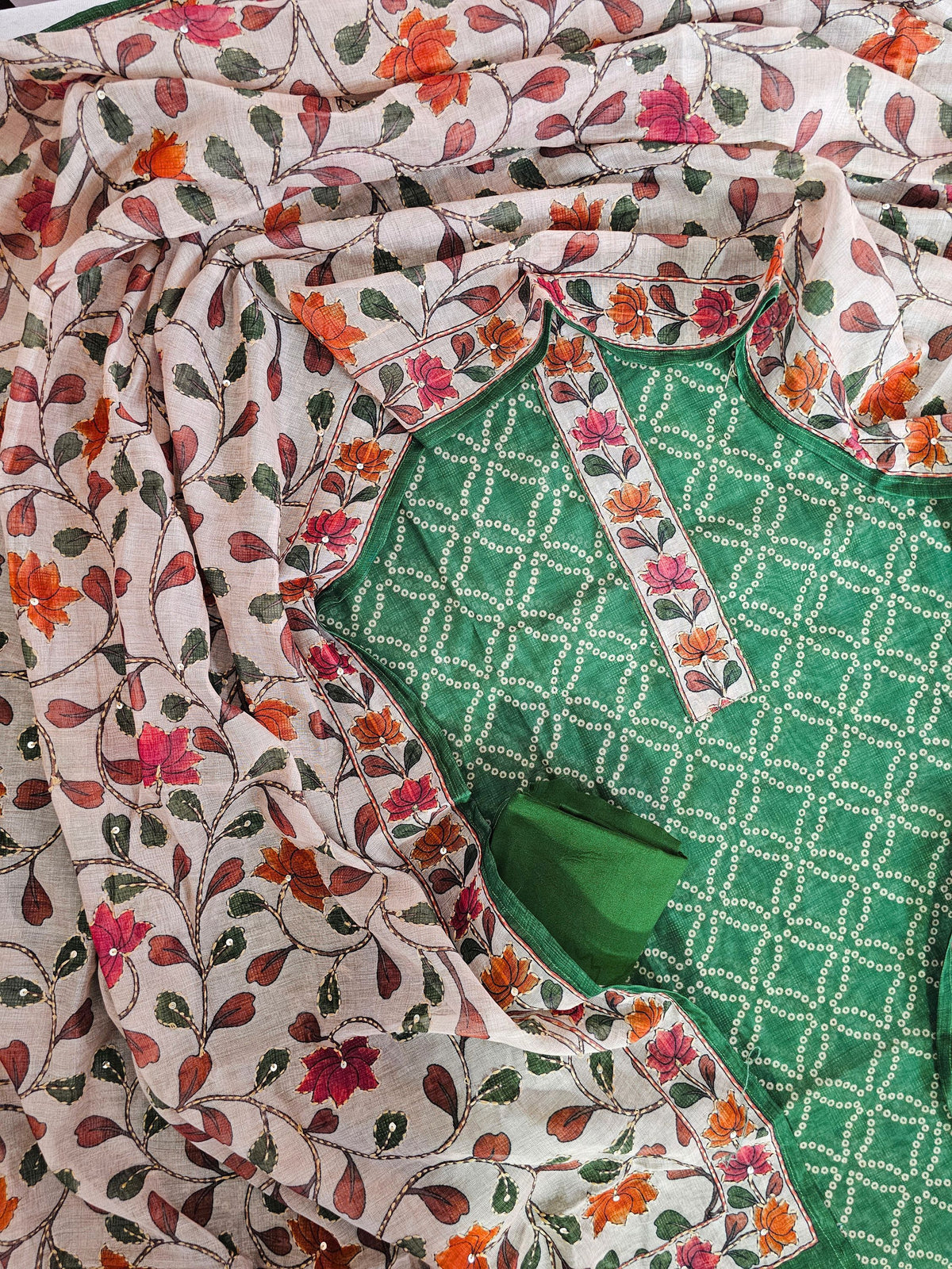 Chanderi with Kantha Unstitched Salwar Suit - Green