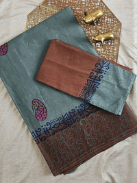 Pure Cotton with Hand Block Prints - Dark Teal Green with Brown