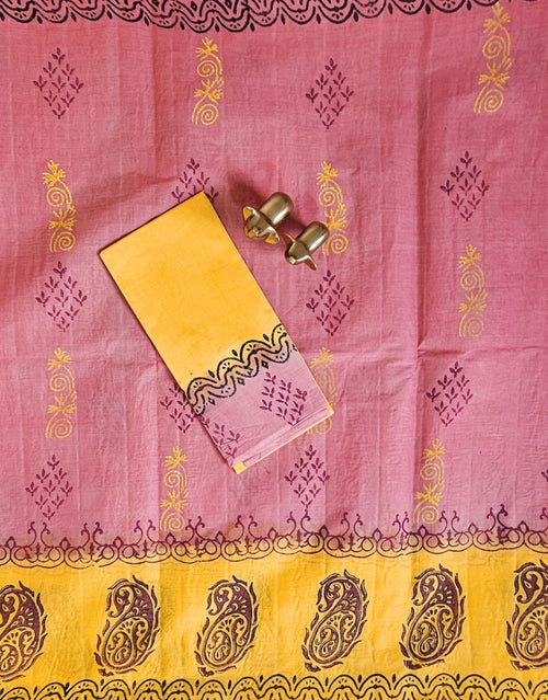 Pure Cotton with Hand Block Prints - Peachish Pink with Yellow