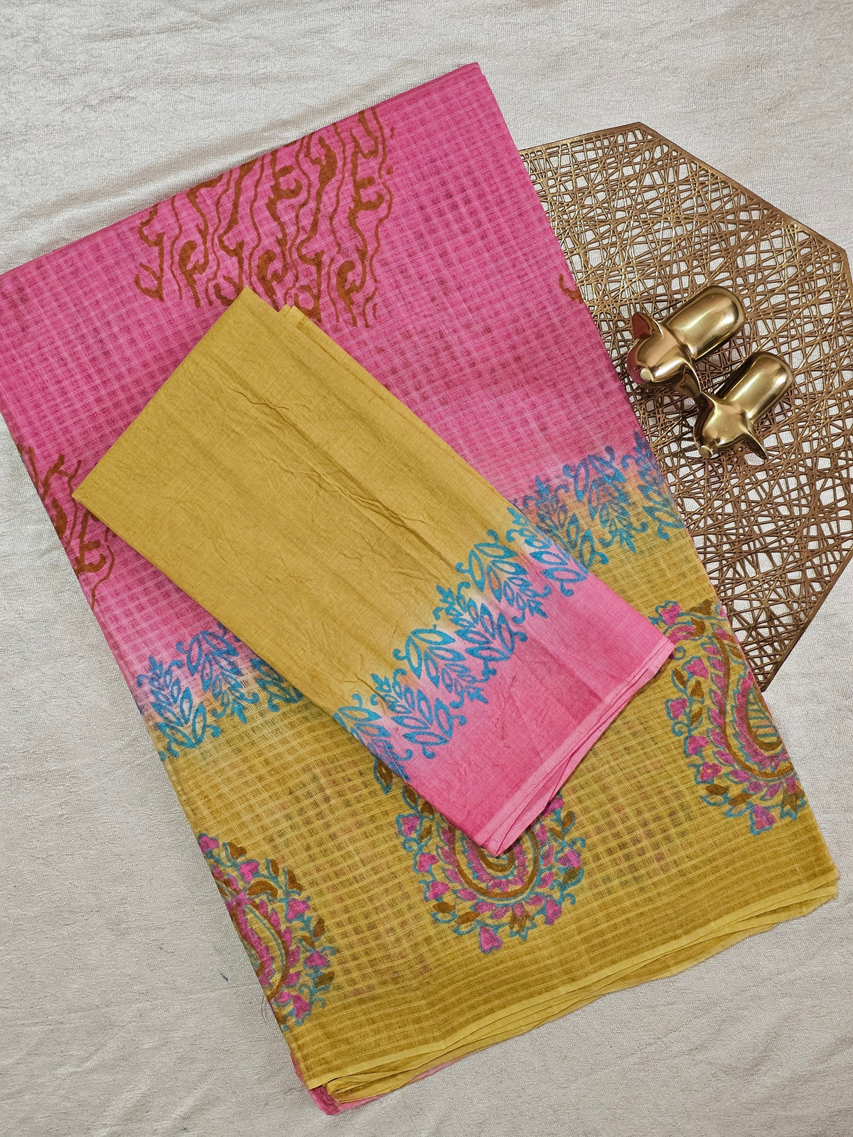 Pure Cotton with Checks Hand Block Prints - Pink with Mustard Yellow