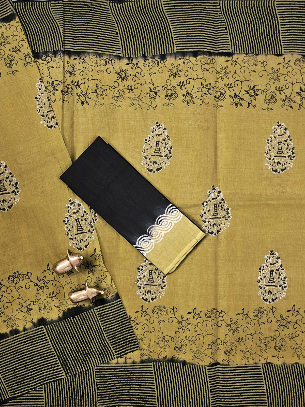 Pure Cotton with Hand Block Prints - Mehndi Green with Black