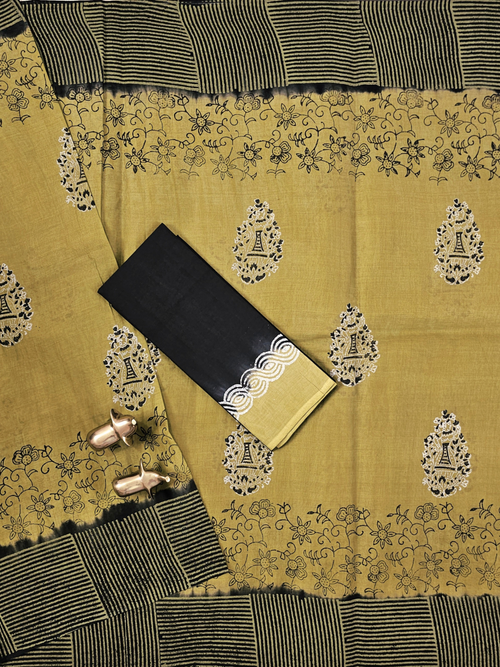 Pure Cotton with Hand Block Prints - Mehndi Green with Black