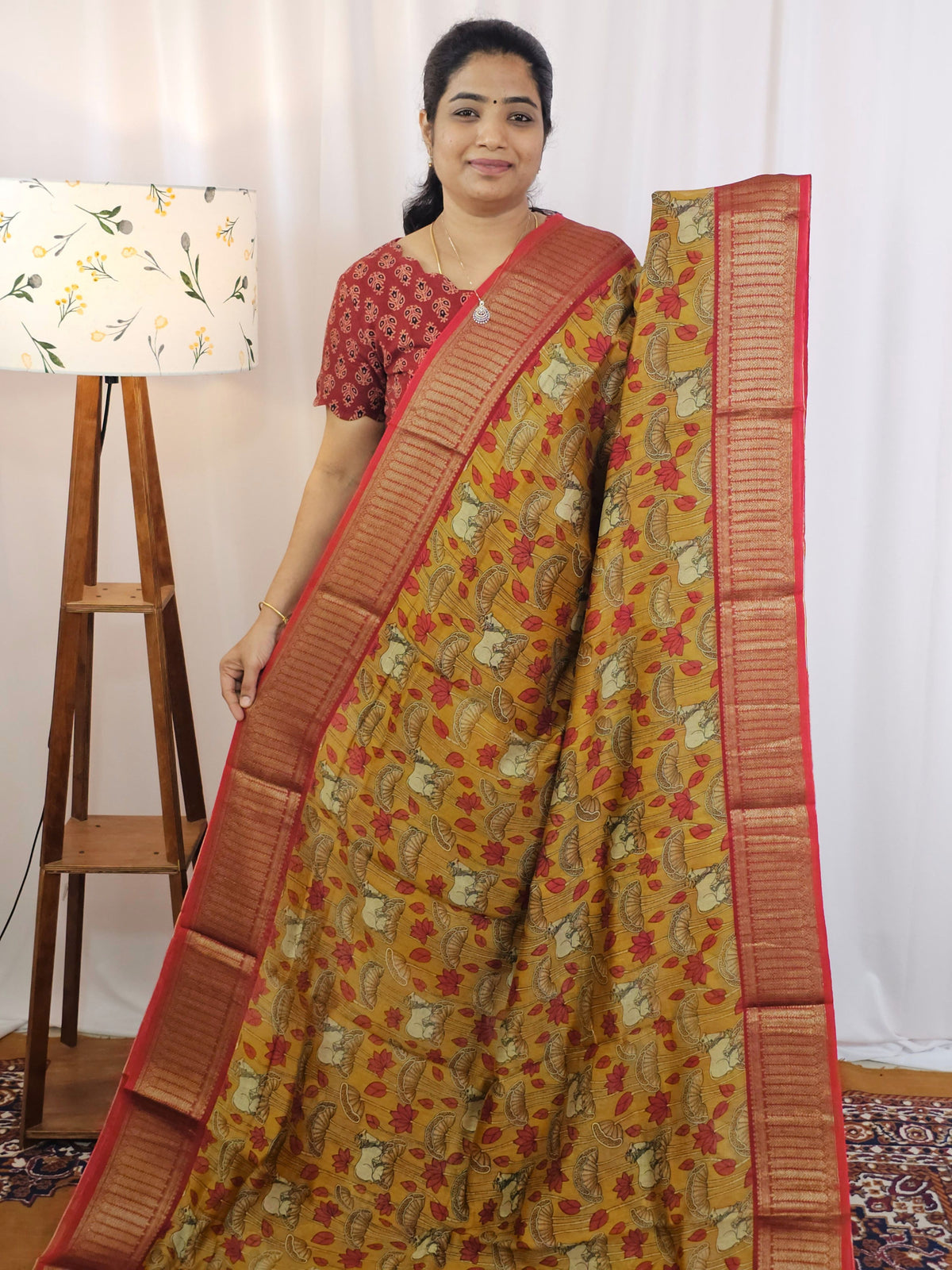 Pure Chanderi Butter Silk - Mustard Yellow with Red