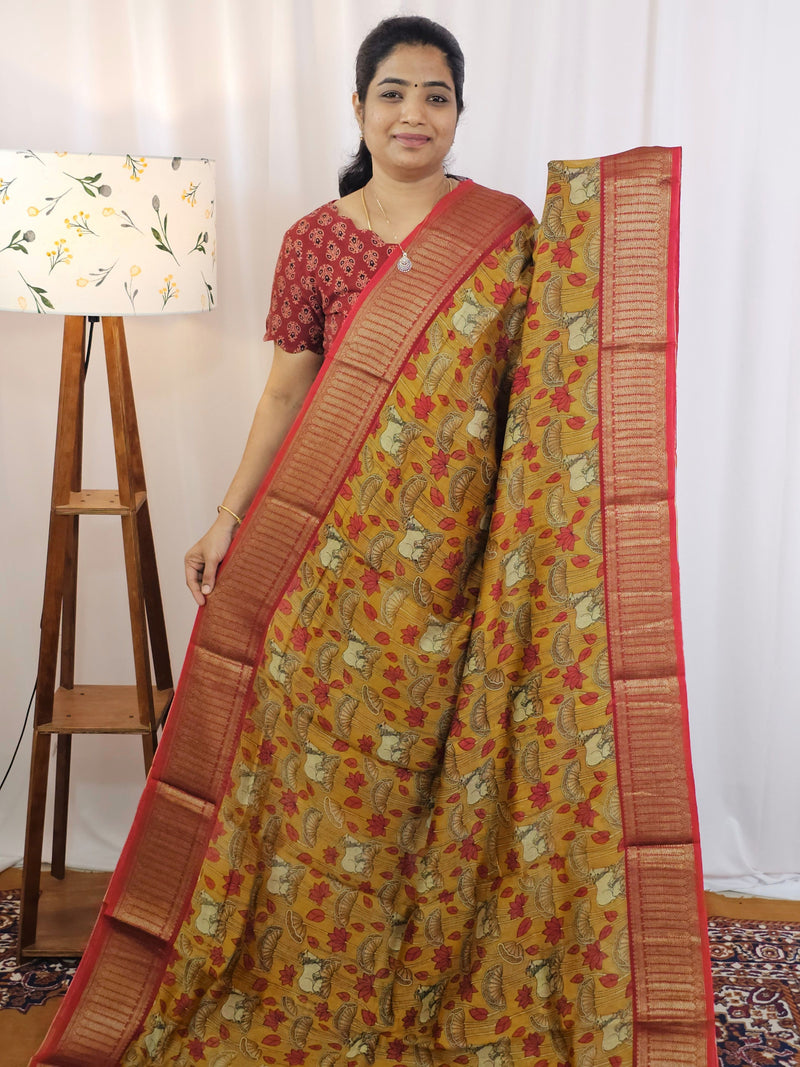 Pure Chanderi Butter Silk - Mustard Yellow with Red