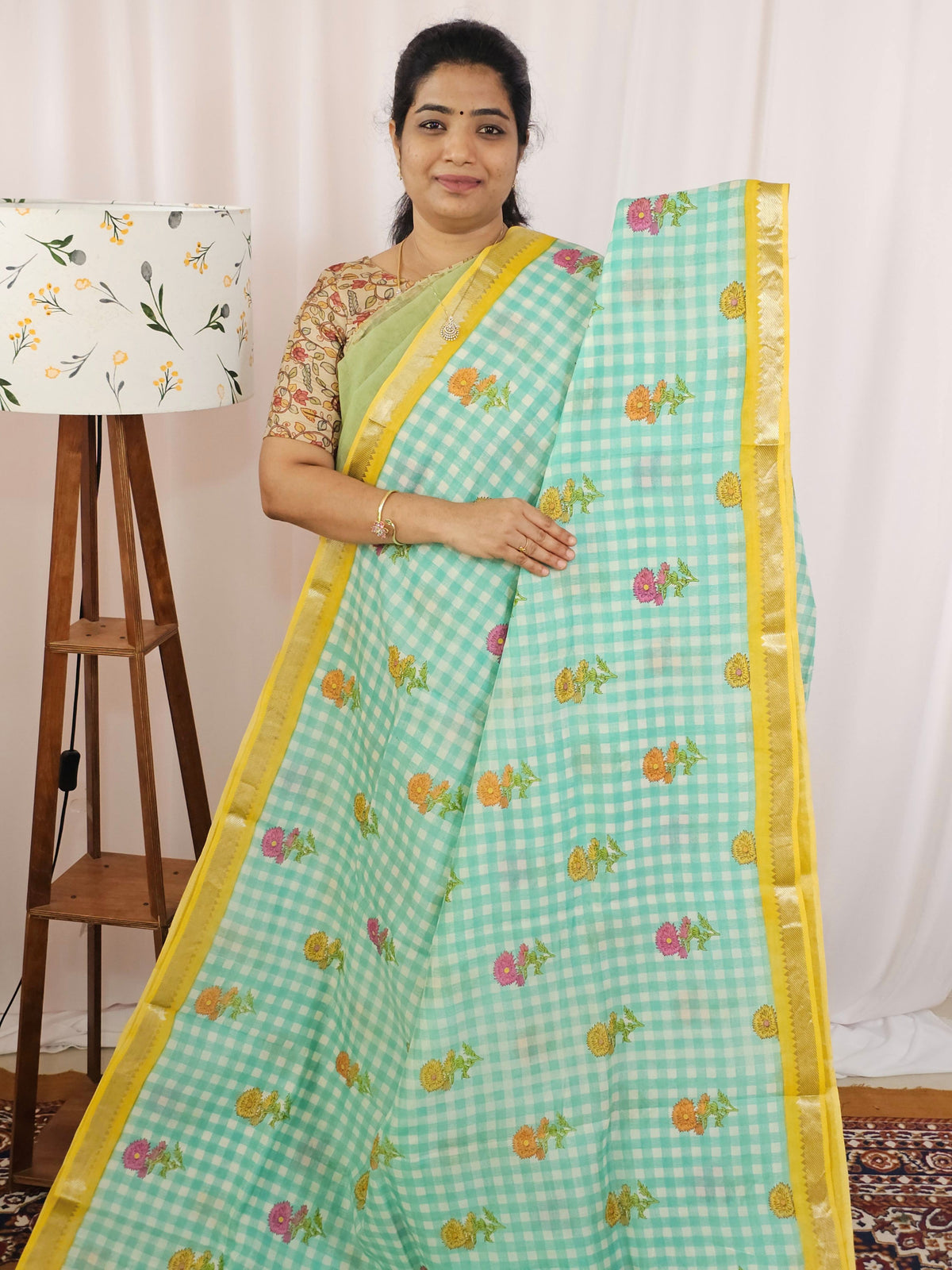 Handwoven Mangalagiri Pattu Saree with Digital Prints  - Sea Green with Mustard Yellow