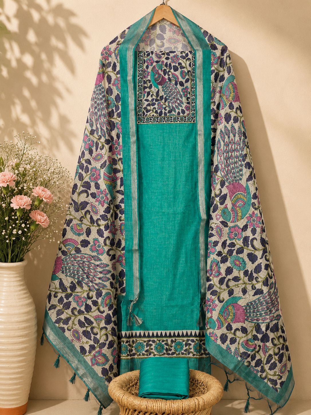 Soft Semi Tussar Unstitched Salwar Set – Rama Green