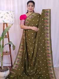 Premium Jute Blend Tussar with Paithani Weaving Border - Mehndi Green