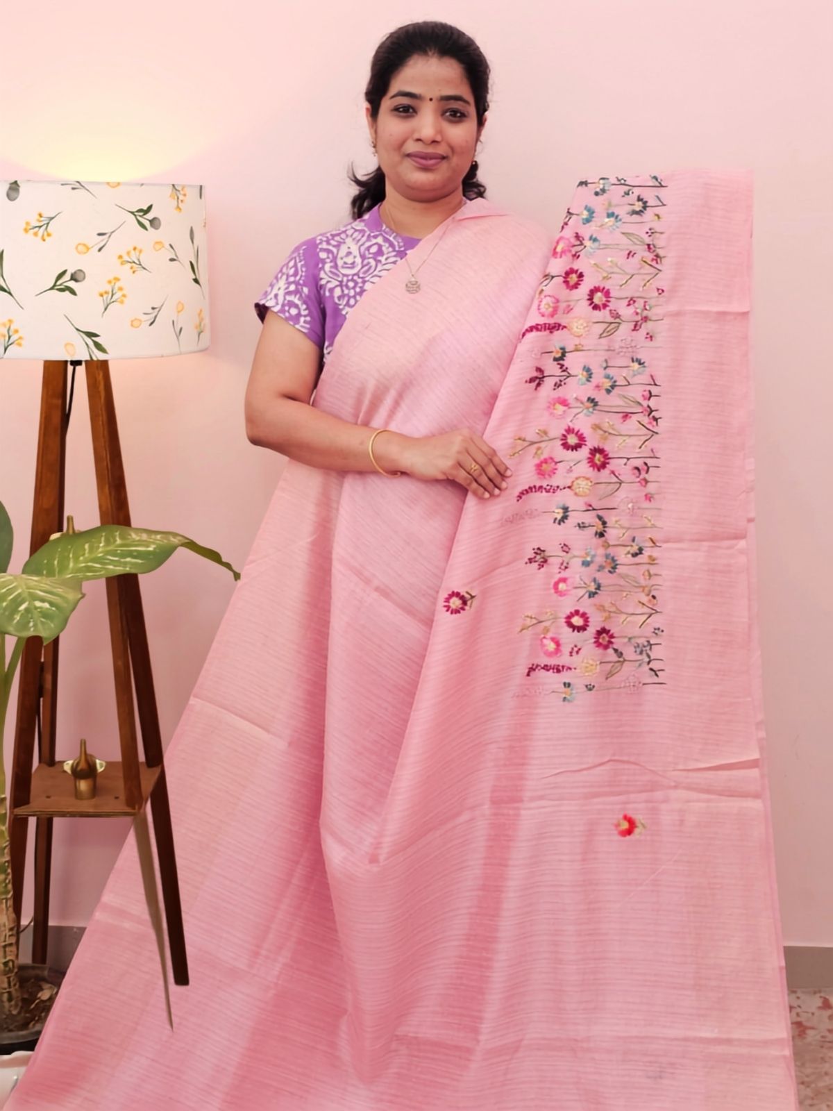 Premium Soft Linen Tissue with Hand Emboridery - Pink