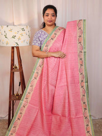 Chanderi Saree with Zari Border - Pink with Sea Green