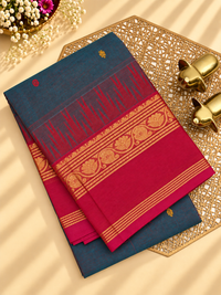 Chettinad Cotton Sarees - Dual Shade of Peacock Blue with Pink