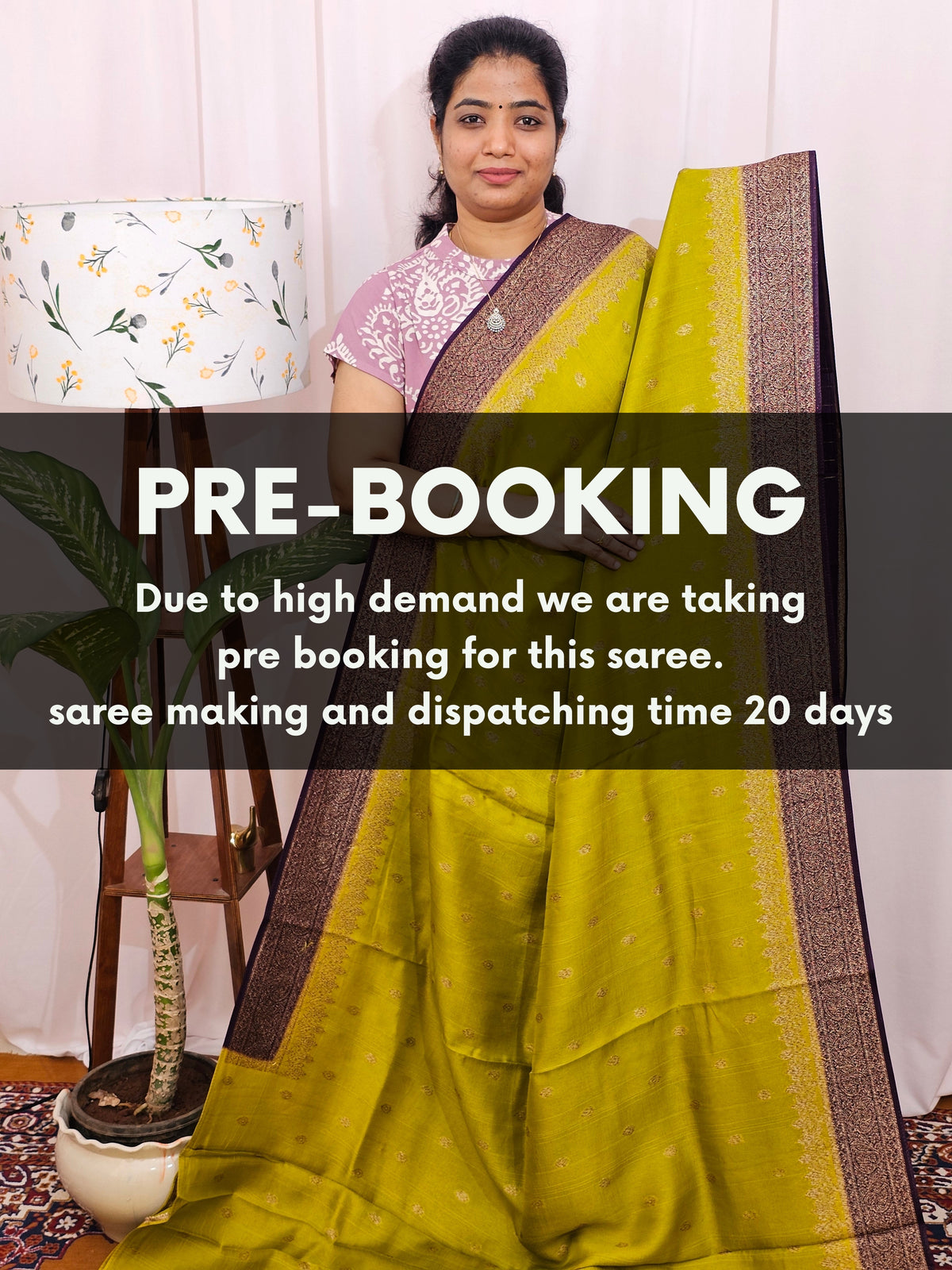 Jute Banarasi Silk Saree - Lime Green with Purple