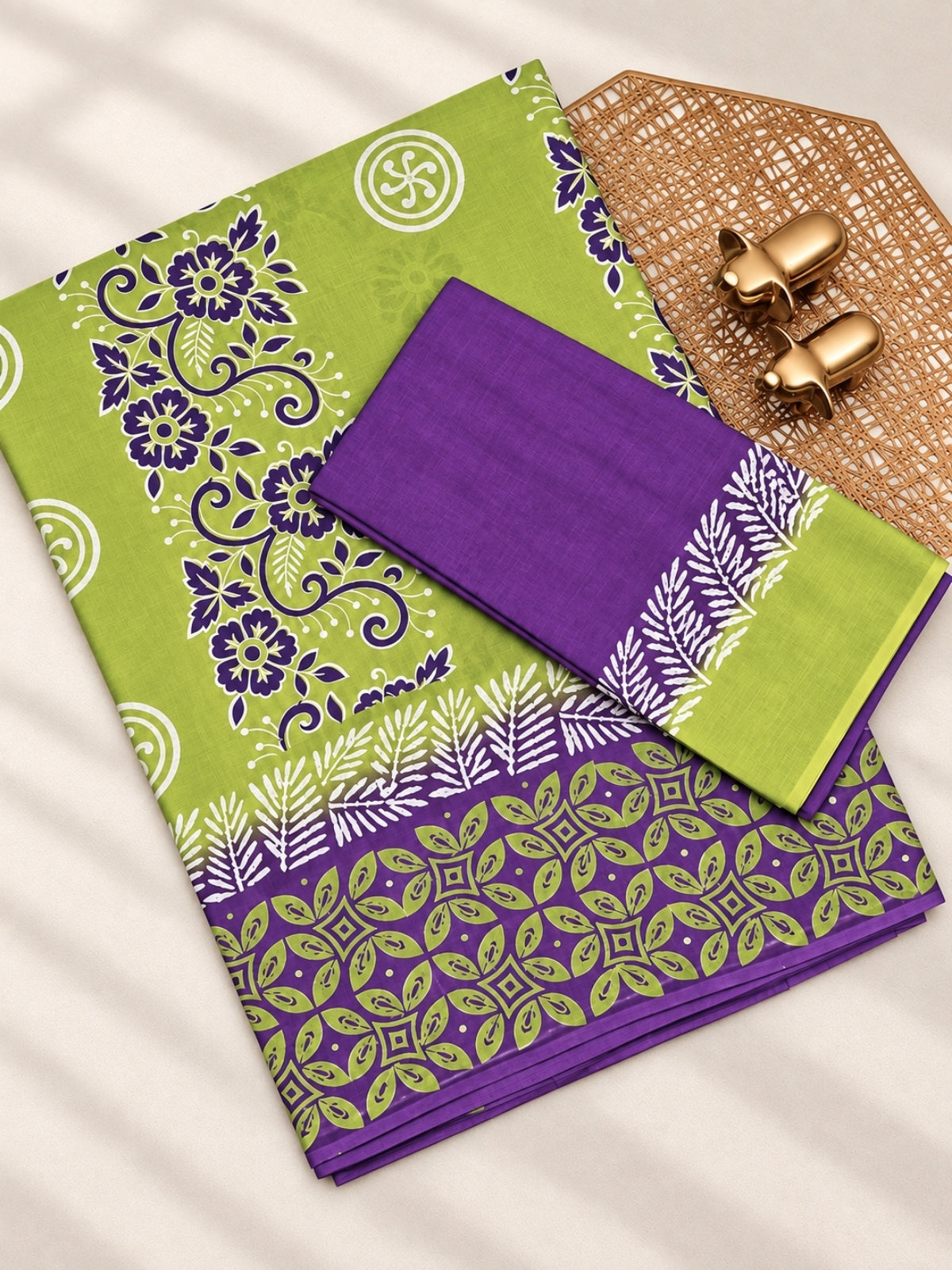 Pure Cotton with Hand Block Prints - Green with Purple