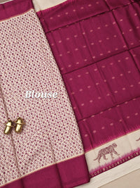 Soft Semi Tussar with Digital Prints and Beautiful Aari Work - Maroon with Cream