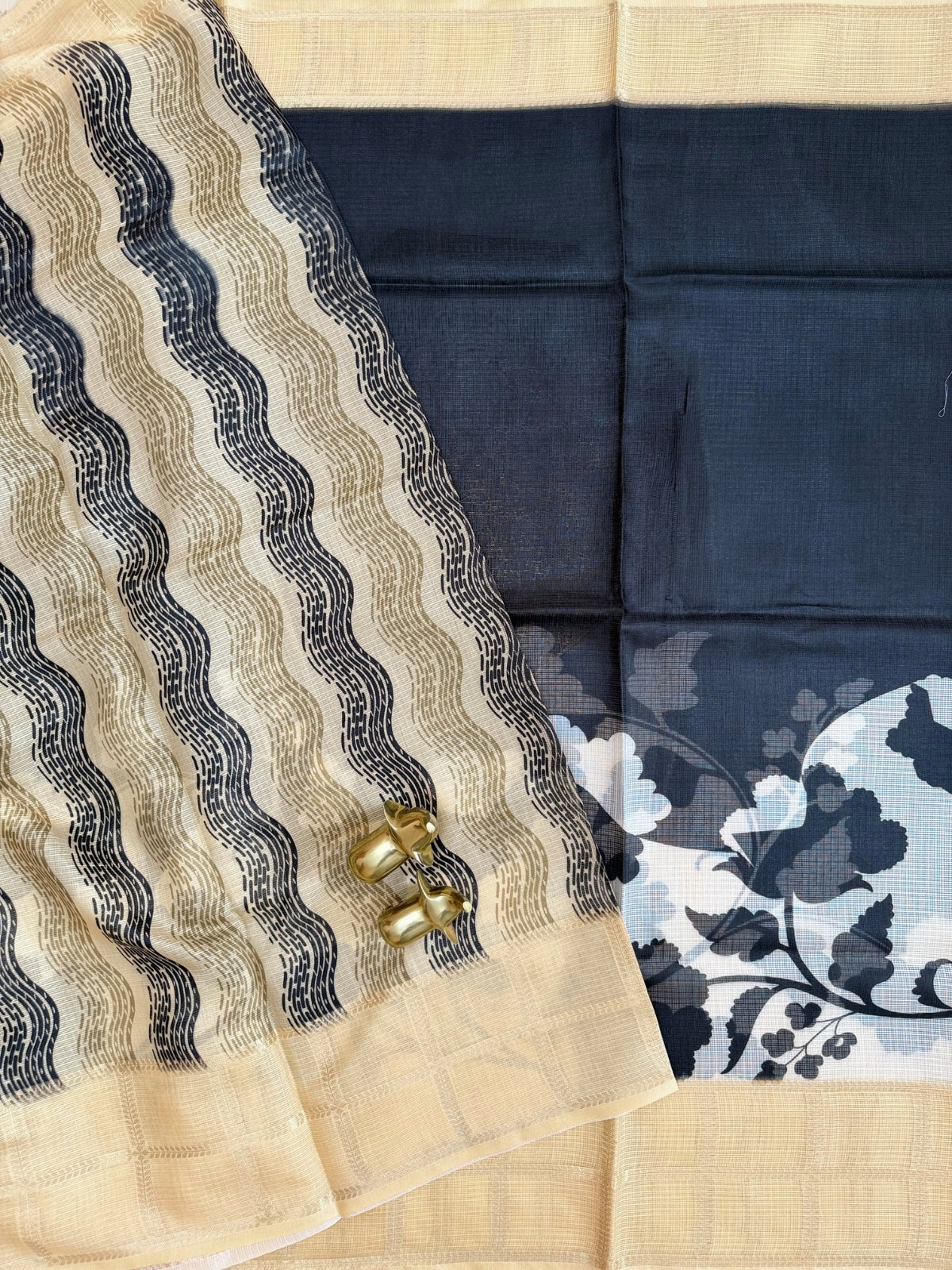 Premium Soft Semi Tussar Kota Weaving with Digital Prints - Cream with Yellow