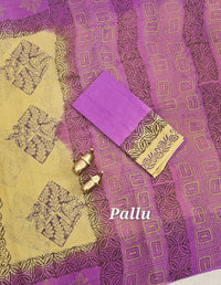 Pure Cotton with Checks Hand Block Prints - Light Mustard Yellow with Purple