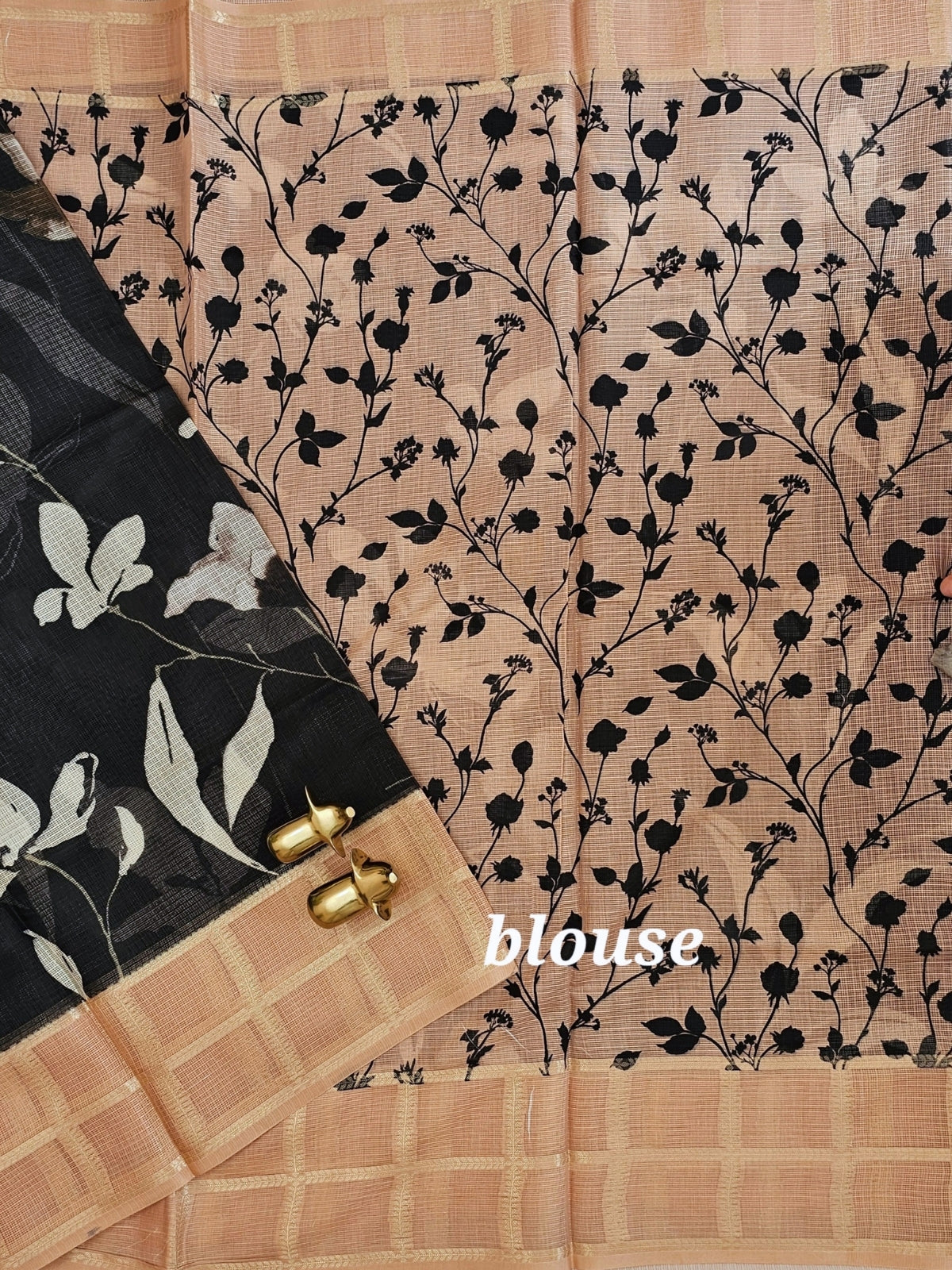Premium Soft Semi Tussar Kota Weaving with Digital Prints - Black with Brown