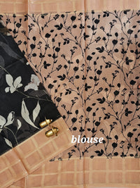 Premium Soft Semi Tussar Kota Weaving with Digital Prints - Black with Brown