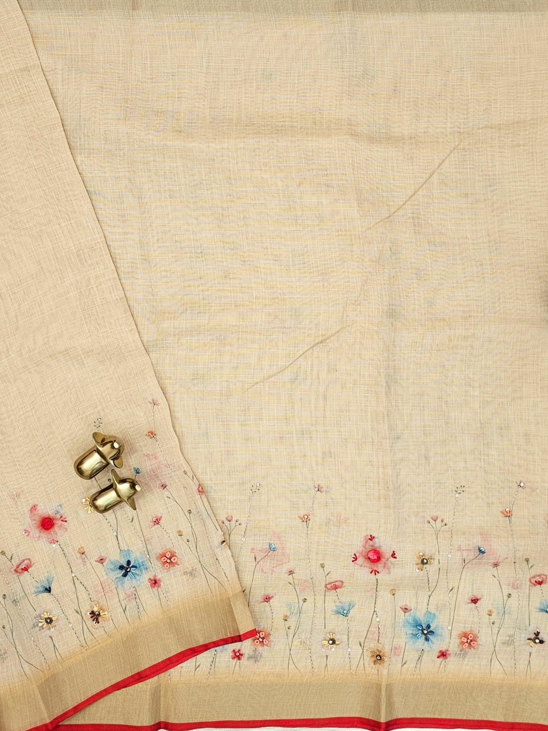 Linen Tissue Hand Brushed Floral Pattern with Thread Knot Work Sarees -  Pastel Yellow