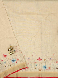 Linen Tissue Hand Brushed Floral Pattern with Thread Knot Work Sarees -  Pastel Yellow