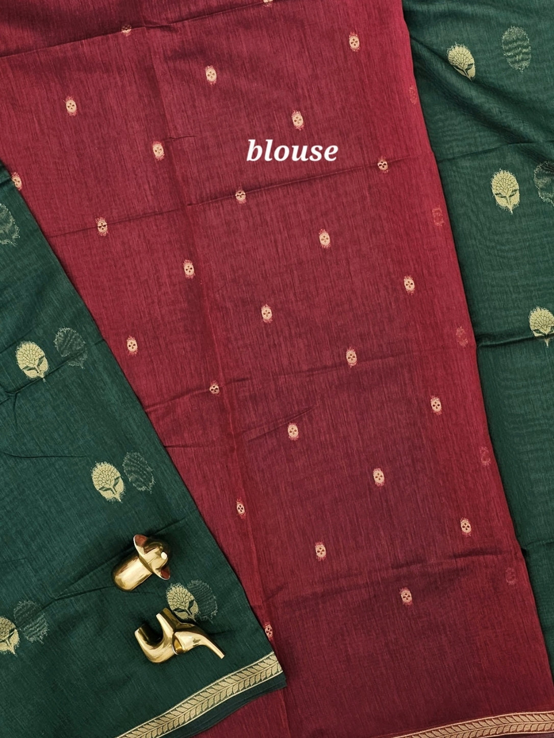 Semi Maheswari Silk Cotton Saree - Green with Maroon