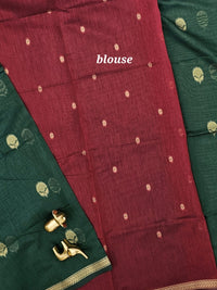 Semi Maheswari Silk Cotton Saree - Green with Maroon