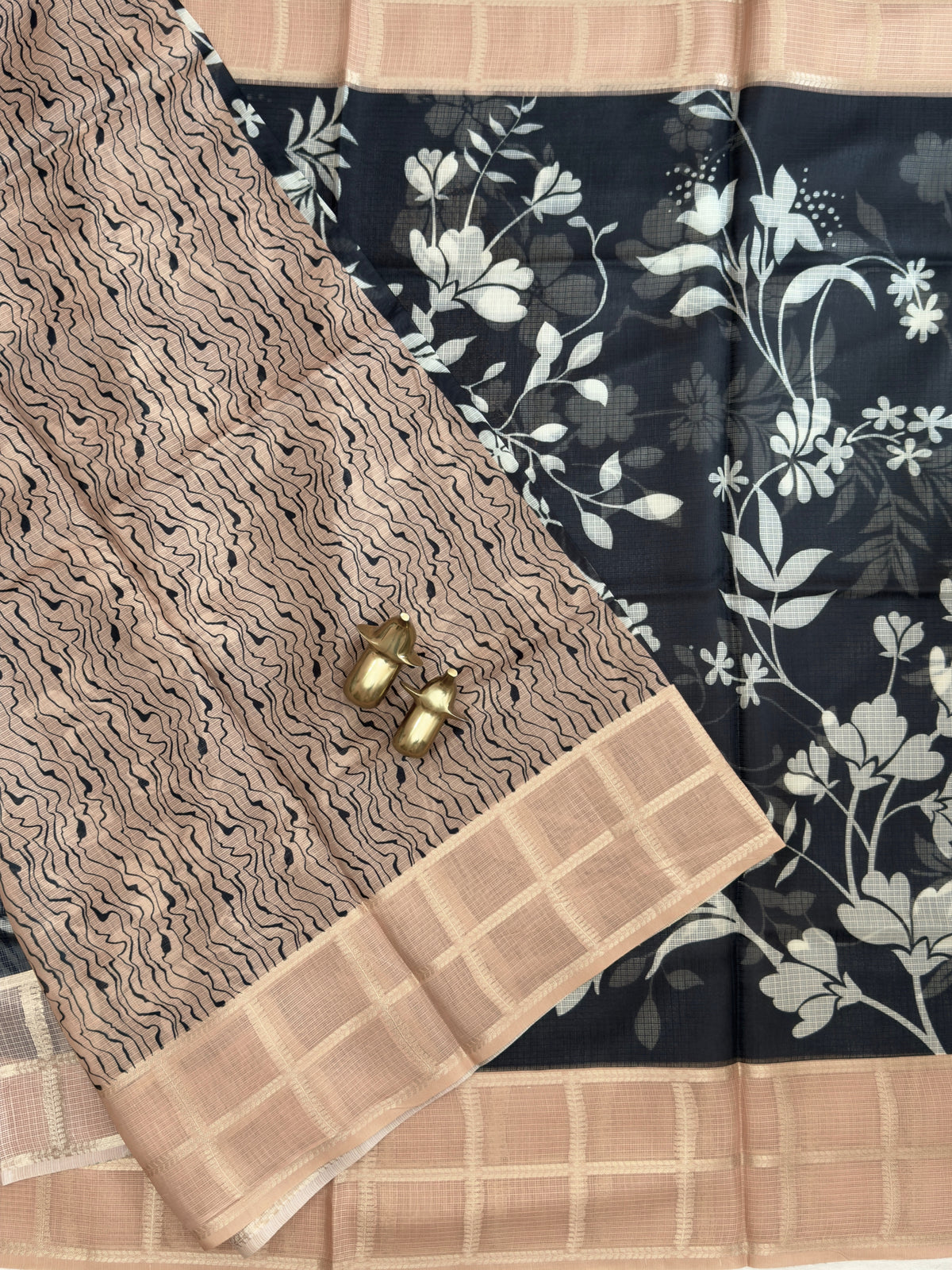 Premium Soft Semi Tussar Kota Weaving with Digital Prints - Black with Pastel Orange