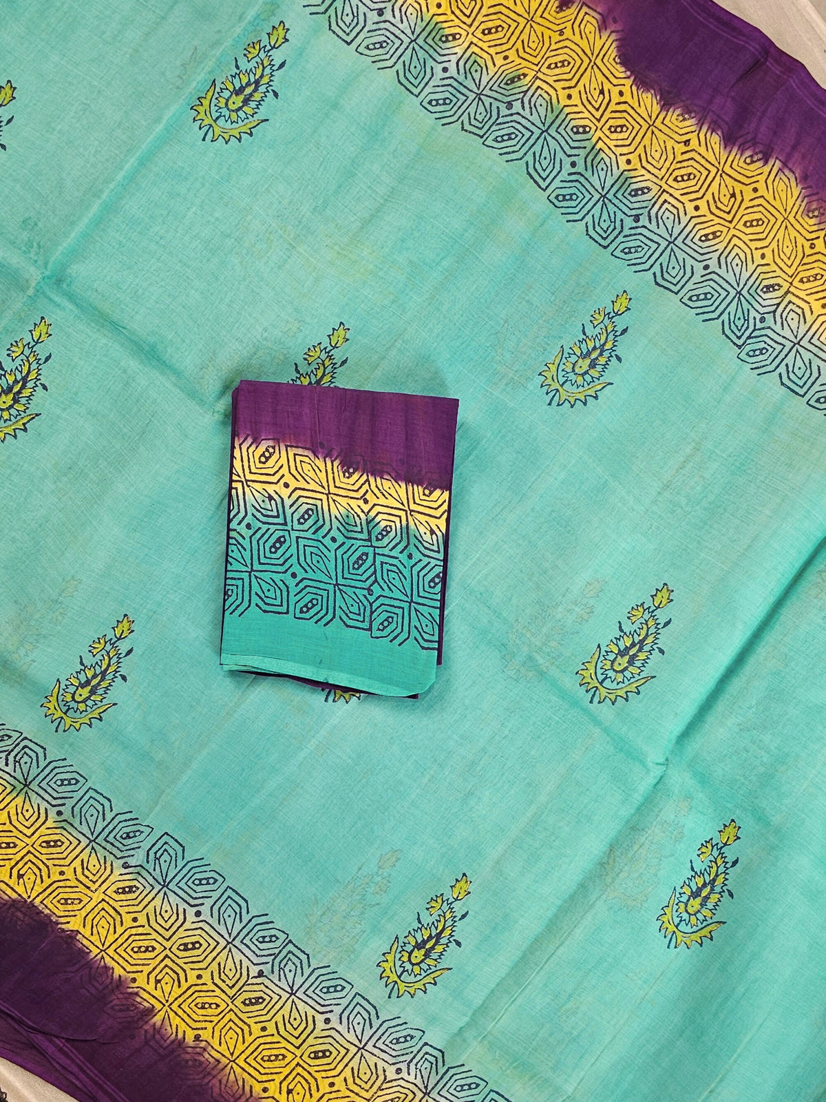 Pure Cotton with Hand Block Prints - Sea Green with Purple