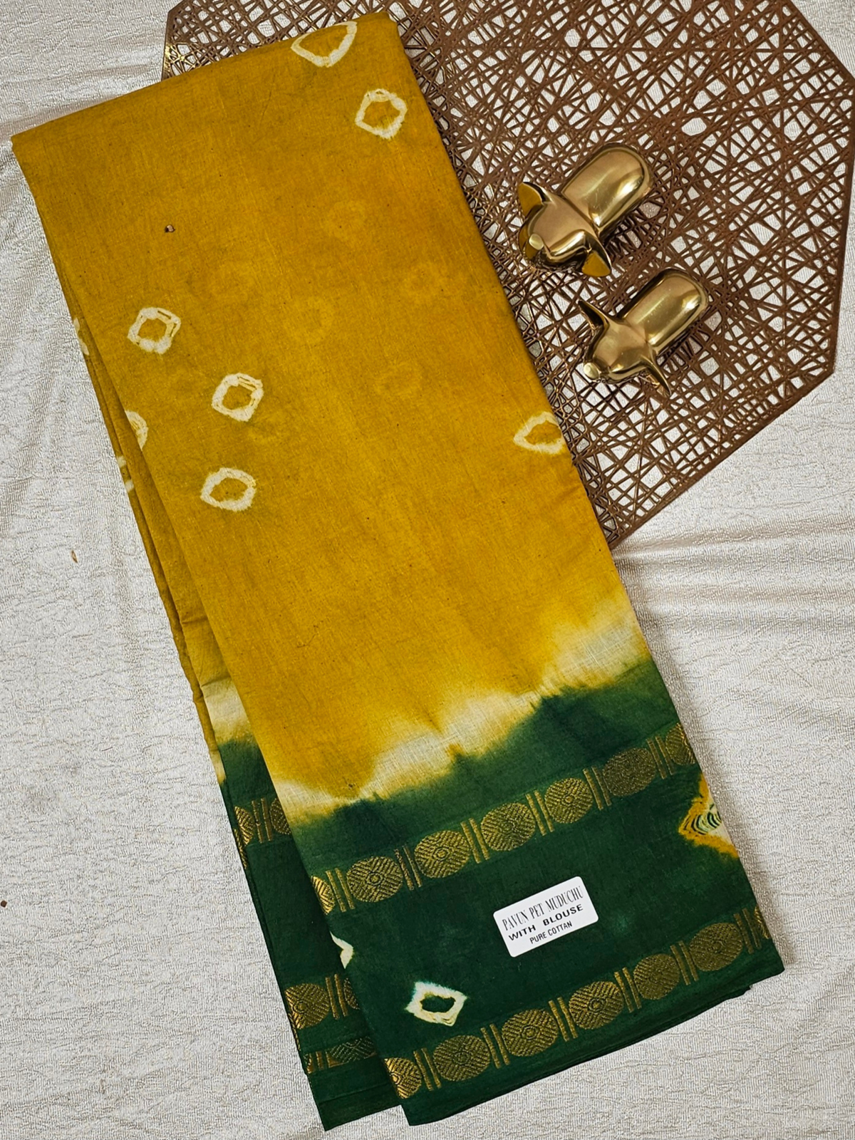 Madurai Sungadi Cotton Saree - Mustard Yellow with Green