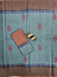 Pure Cotton with Hand Block Prints - Dark Teal Green with Brown