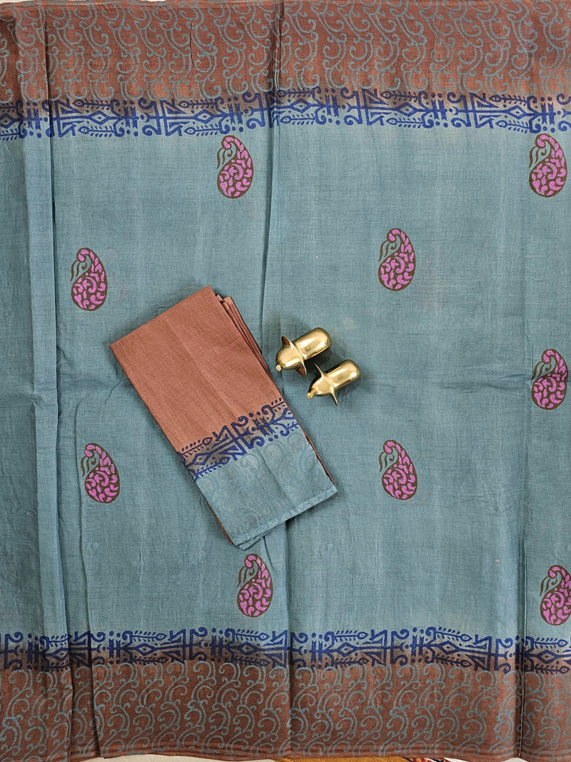 Pure Cotton with Hand Block Prints - Dark Teal Green with Brown