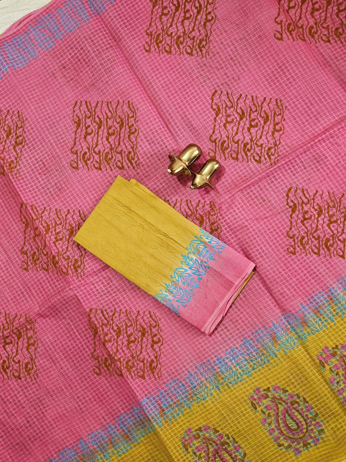 Pure Cotton with Checks Hand Block Prints - Pink with Mustard Yellow