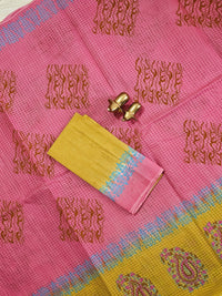 Pure Cotton with Checks Hand Block Prints - Pink with Mustard Yellow