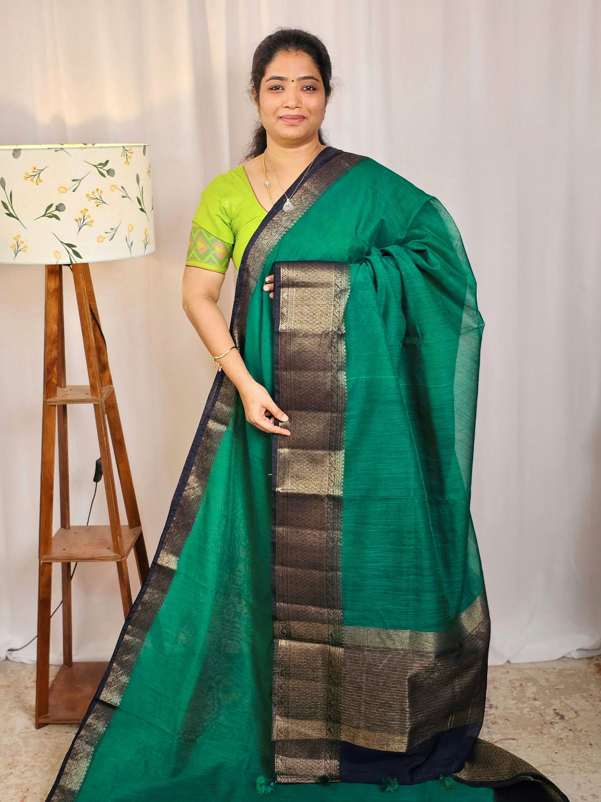 Jute Banarasi Saree - Peacock Green with Blue