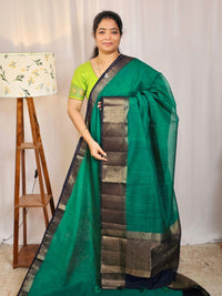 Jute Banarasi Saree - Peacock Green with Blue