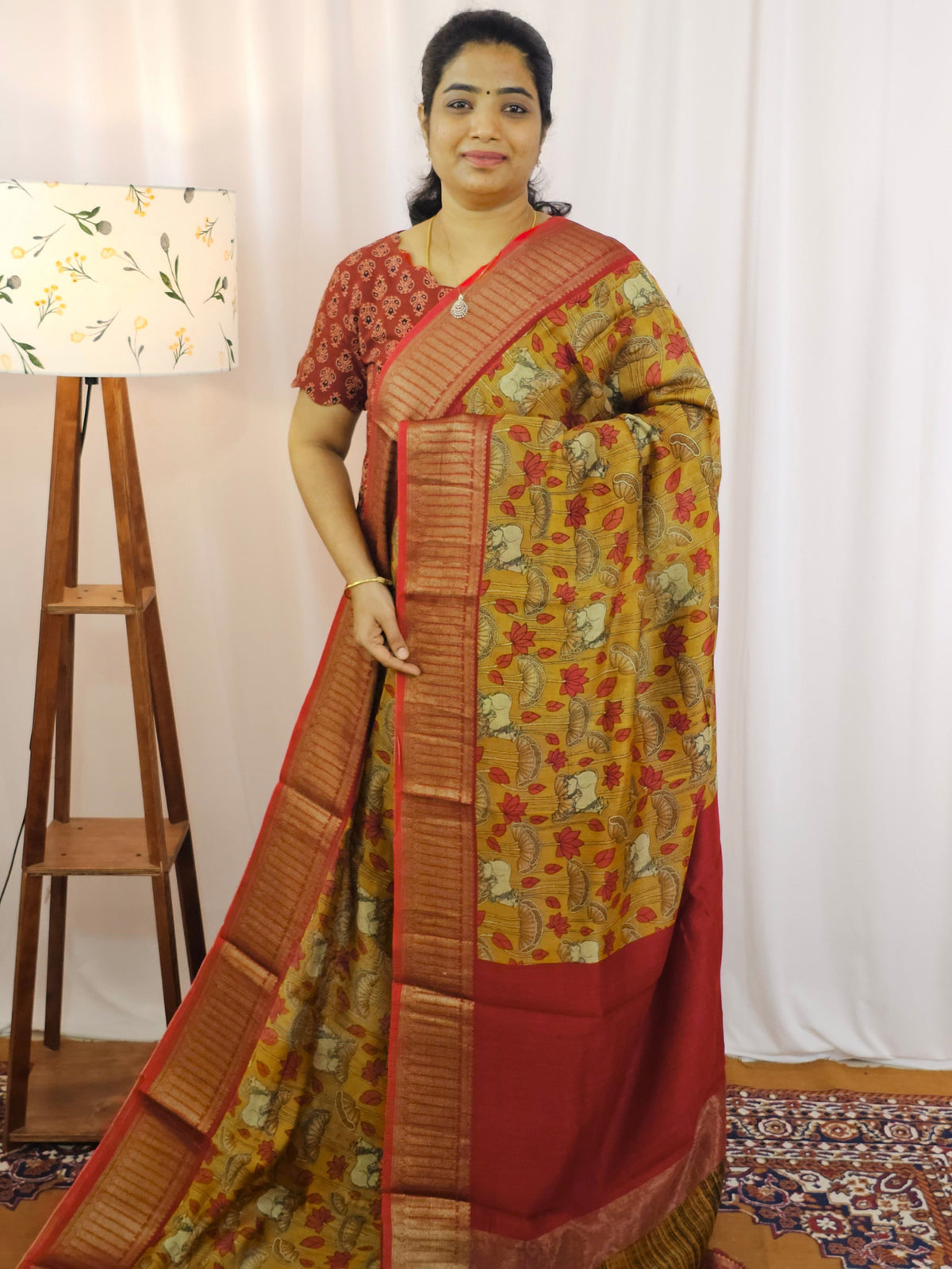 Pure Chanderi Butter Silk - Mustard Yellow with Red