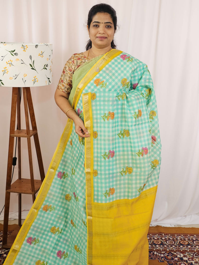 Handwoven Mangalagiri Pattu Saree with Digital Prints  - Sea Green with Mustard Yellow