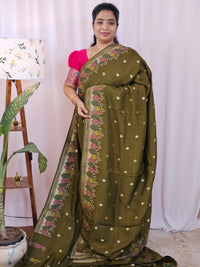 Premium Jute Blend Tussar with Paithani Weaving Border - Mehndi Green