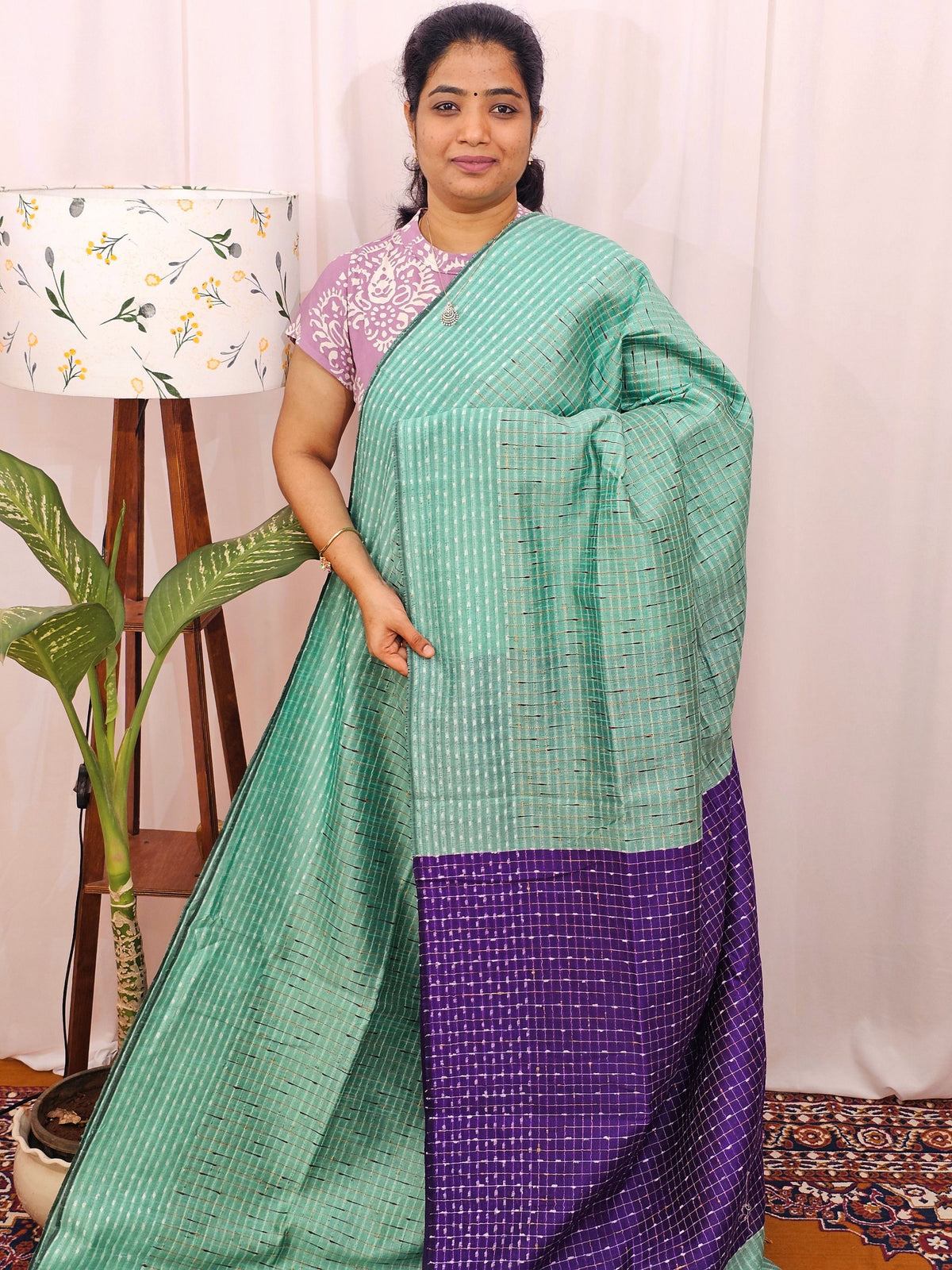 Semi Raw Silk Saree - Sea Blue with Purple