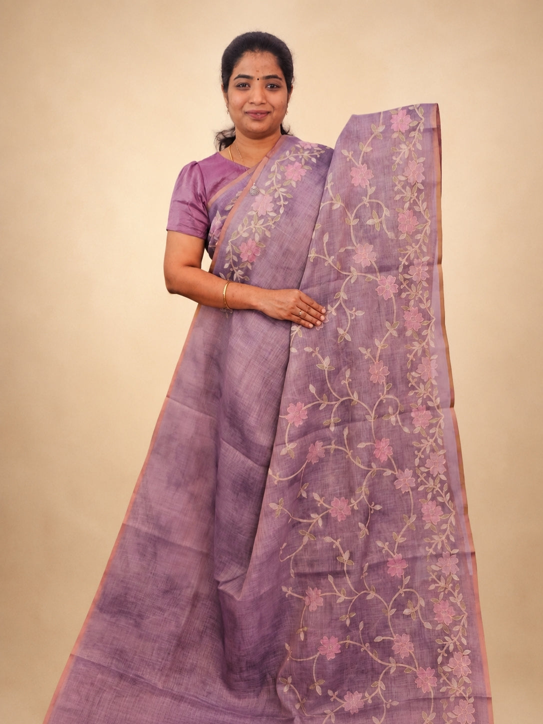 Linen Tissue with Aari Work - Dusty Mauve / Lilac