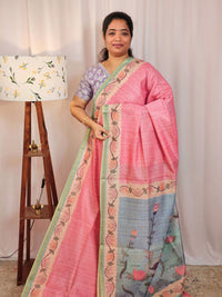 Chanderi Saree with Zari Border - Pink with Sea Green
