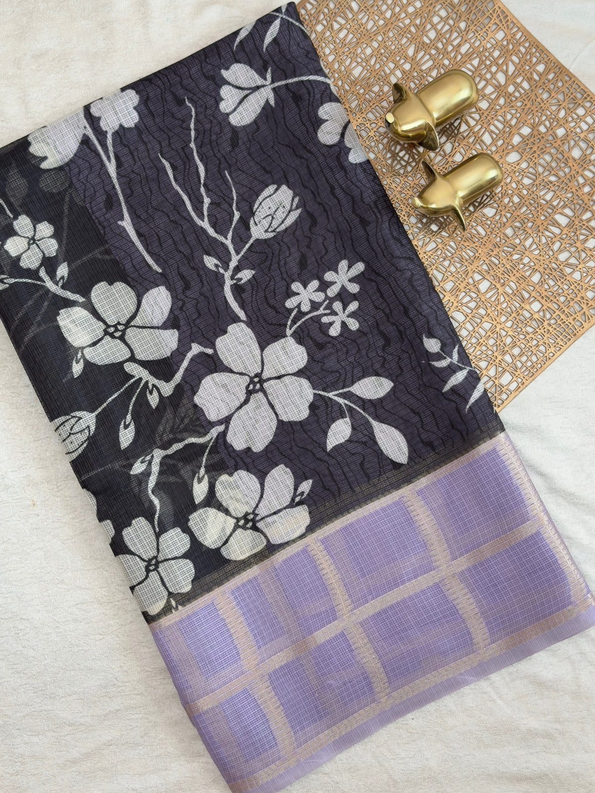 Premium Soft Semi Tussar Kota Weaving with Digital Prints - Black with Lavender
