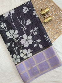 Premium Soft Semi Tussar Kota Weaving with Digital Prints - Black with Lavender