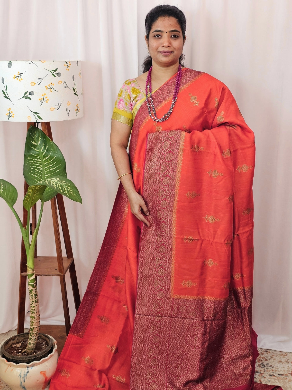 Jute Banarasi Silk Saree - Orange with Pink