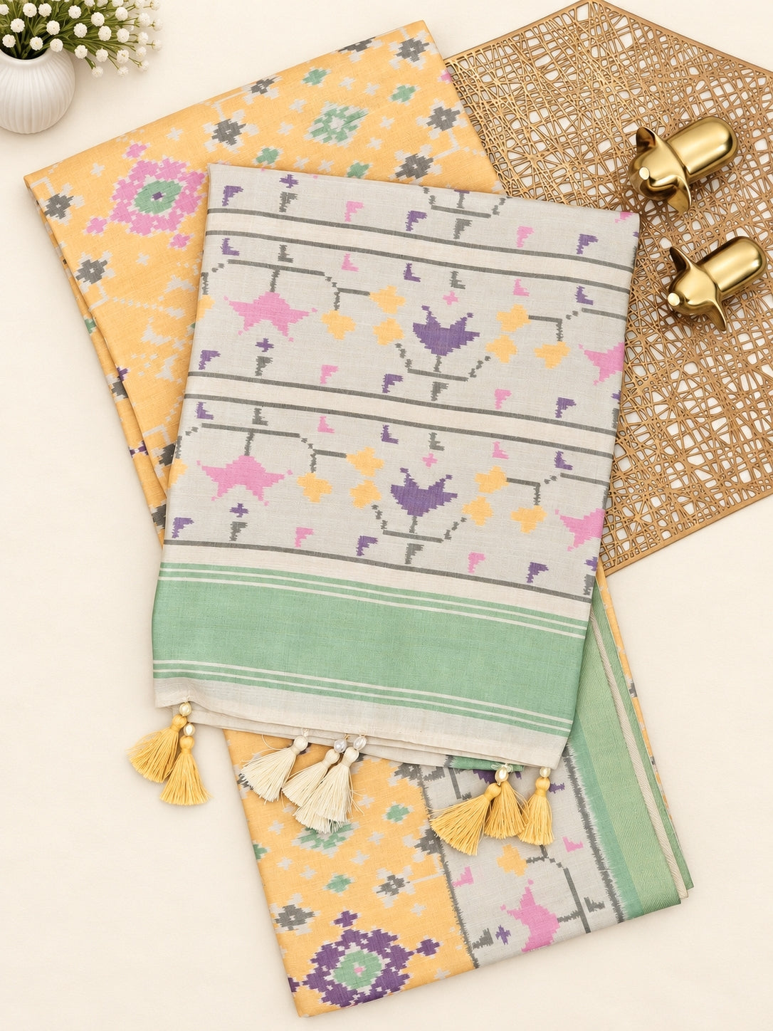 Patola Inspried Semi Tussar Saree  - Pastel Yellow