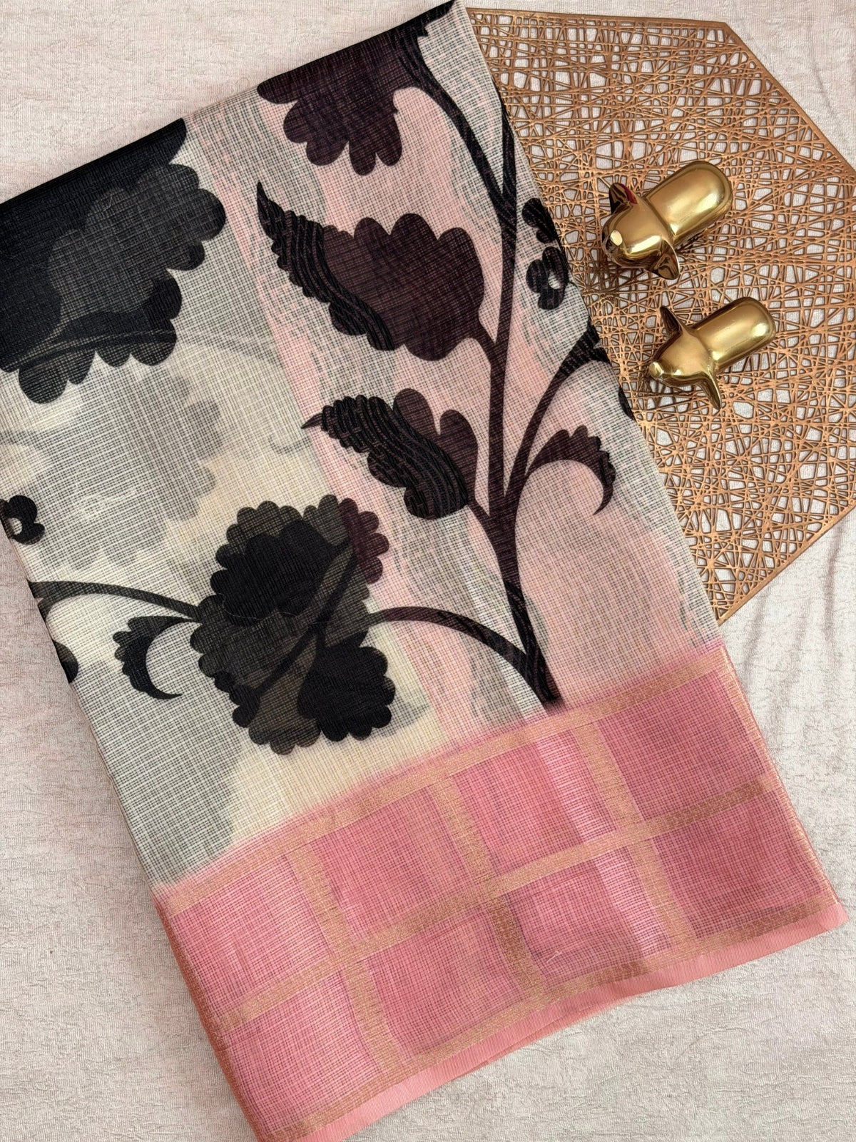 Premium Soft Semi Tussar Kota Weaving with Digital Prints - Cream with Peach