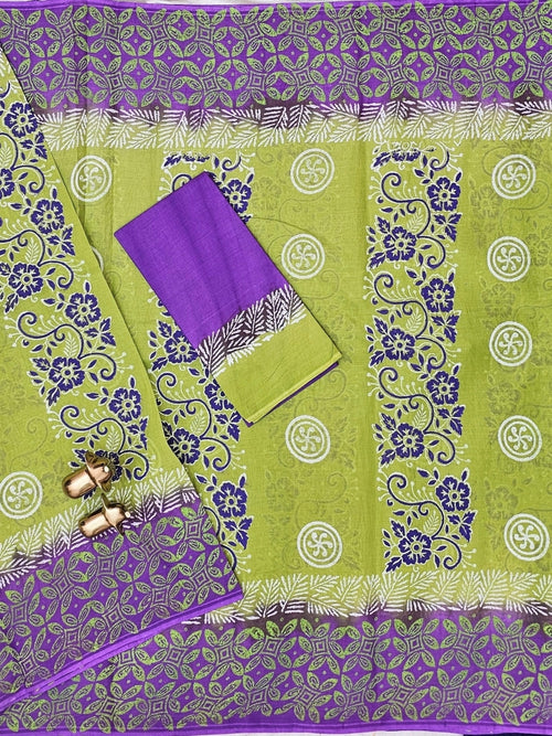 Pure Cotton with Hand Block Prints - Green with Purple