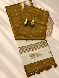 Soft Semi Tussar with Digital Prints and Beautiful Aari Work - Mehndi Green with Cream