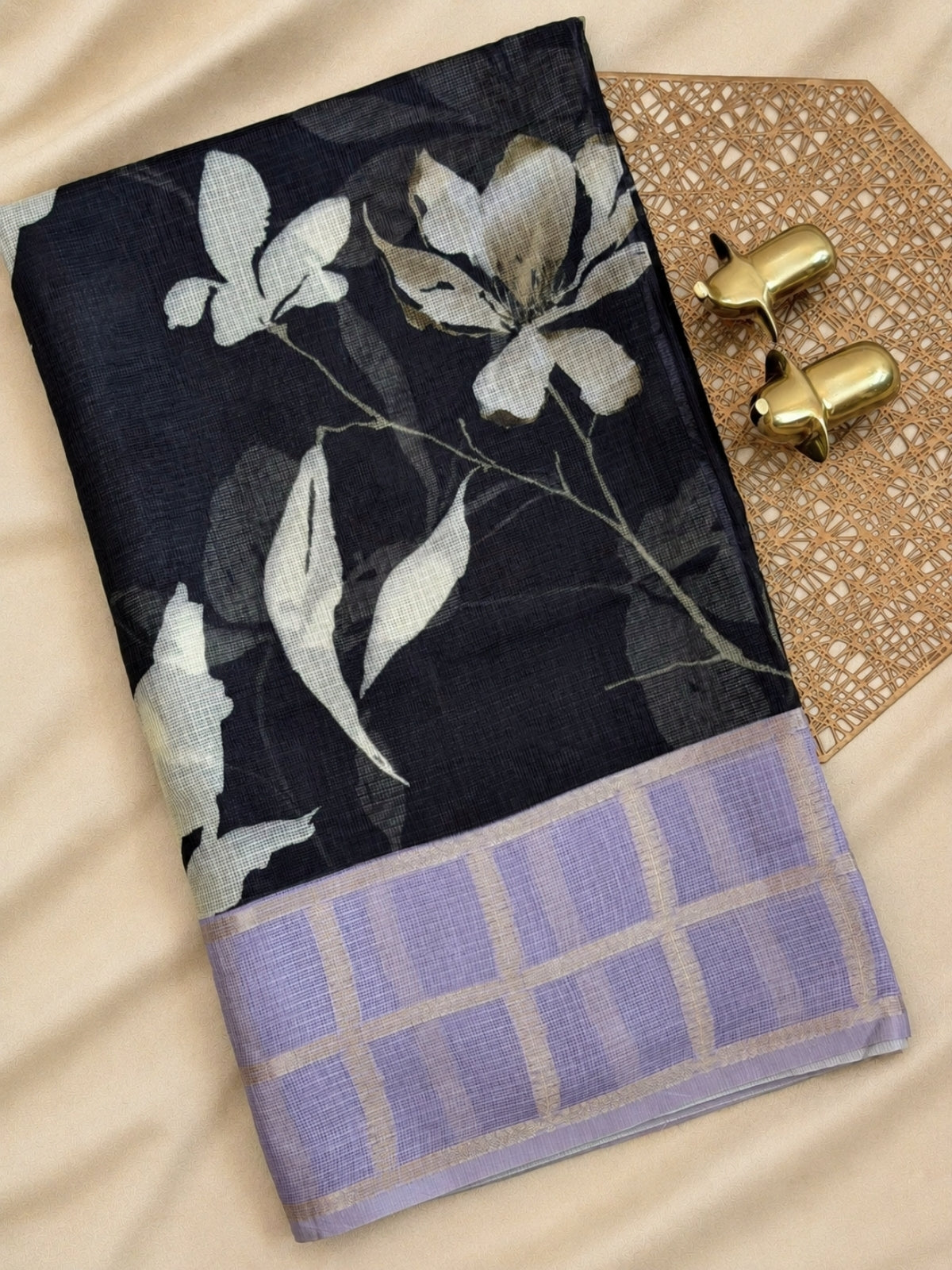 Premium Soft Semi Tussar Kota Weaving with Digital Prints - Black with Purple