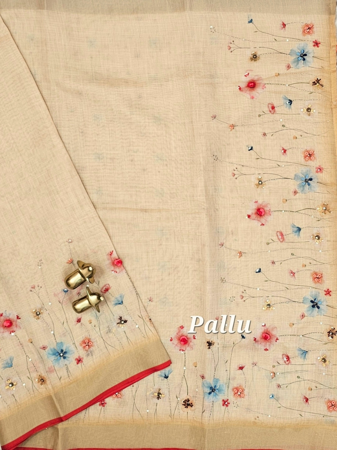 Linen Tissue Hand Brushed Floral Pattern with Thread Knot Work Sarees -  Pastel Yellow